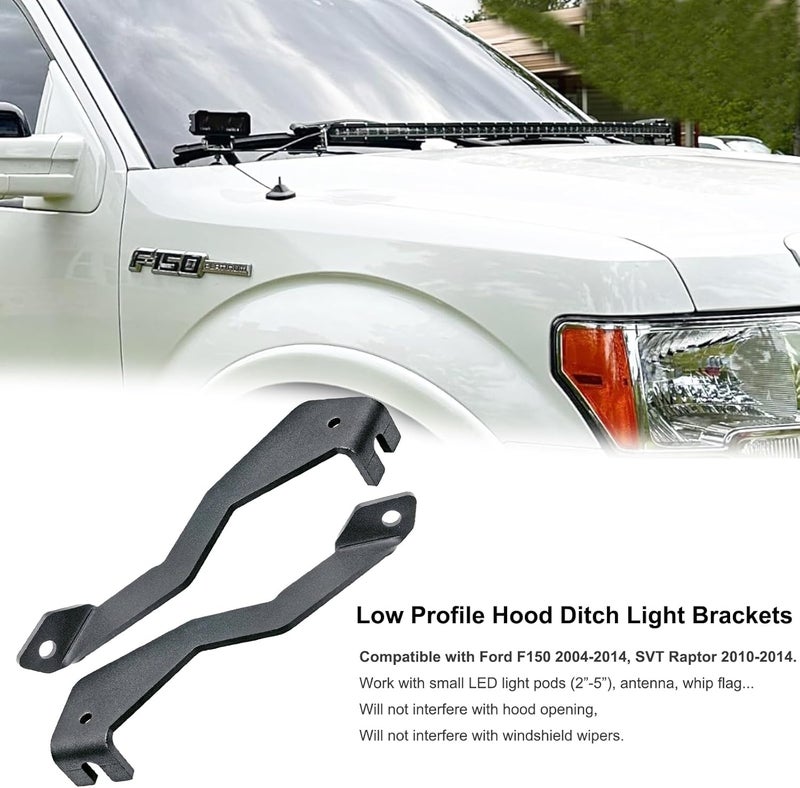 DarSeity Low Profile Mount Hood Hinges Ditch Light Brackets for Ford F150 2004-2014 / SVT Raptor(1st Gen), for Auxiliary Off-Road Lighting (for Ford F150 04-14) - Image 2